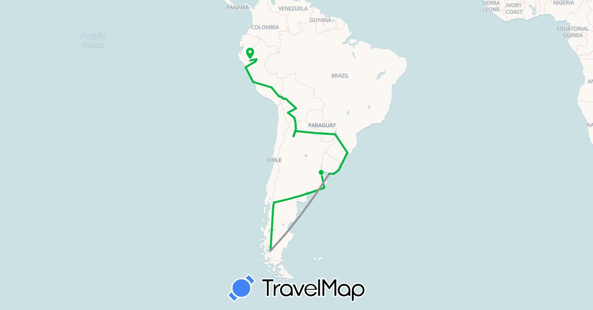 TravelMap itinerary: driving, bus, plane in Argentina, Bolivia, Brazil, Peru, Uruguay (South America)
